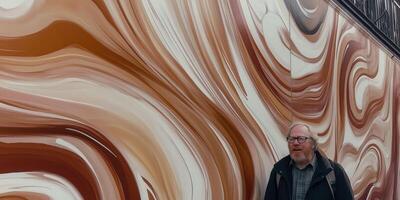 Man admires swirling abstract mural art. photo