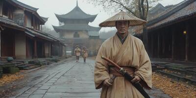 Man in traditional robe walks ancient street photo