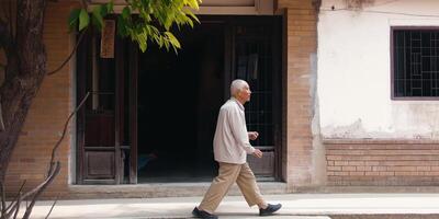 Elderly man walking past a brick building photo