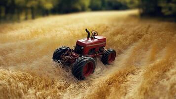 Red tractor in golden wheat field photo