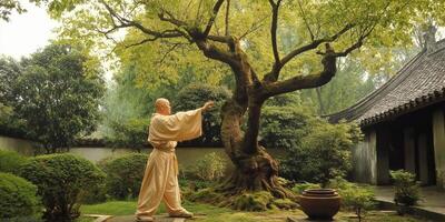 Monk practicing Tai Chi in serene garden photo