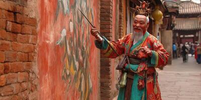Elderly man painting a mural on a brick wall photo