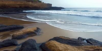 Ocean waves gently caress a sandy beach. photo