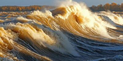 Powerful waves crashing against the shore photo