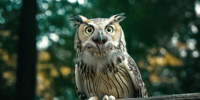A surprised owl in a forest setting photo