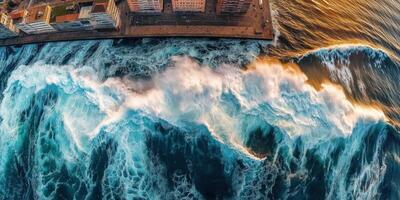 Aerial view of powerful ocean waves crashing near buildings photo