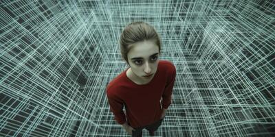 Young person in a digital grid landscape photo