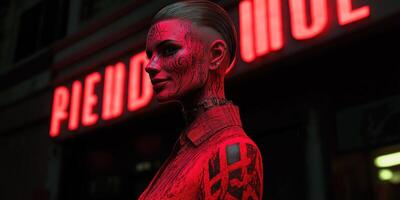 Cyberpunk woman in red neon light photo
