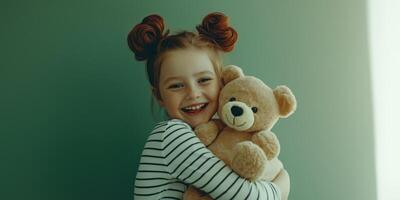 Girl hugging teddy bear, happy smile photo