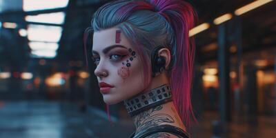 Cyberpunk woman in urban setting photo