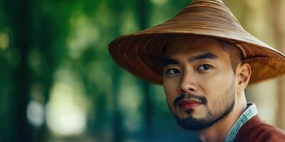 Man in conical hat, serene outdoor portrait photo