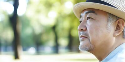 Older man in hat, contemplative gaze. photo