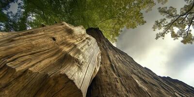 Giant tree trunk viewed from below, reaching skyward. photo