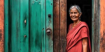 Smiling woman in doorway of old house photo