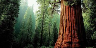 A large red tree stands in the middle of a forest photo