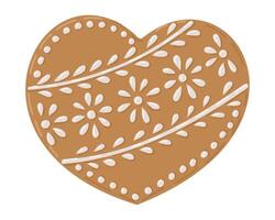 Beautiful heart shaped gingerbread cookie decorated with white icing in floral patterns, creating festive and charming design vector