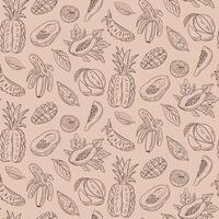 Seamless tropical fruit pattern with doodle pineapples, bananas, papayas, mangoes, and coconuts in hand drawn line art style on trendy color background vector