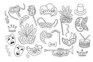 Collection of festive Mardi Gras and Venice carnival doodle drawings with masks, crowns, musical instruments, feathers, and decorative elements in line art style vector