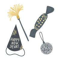 New Year celebration set with party accessories like festive hat, confetti popper, candy, and disco ball ornament in minimalist flat style vector