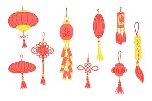 Collection of traditional Chinese lanterns and festive decorations in red and gold colors. Hand drawn set with Asian traditional items in flat style isolated on white background vector