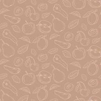 Seamless fruit pattern with apples, pears, cherries, and leaves on trendy mocha mousse background. vector