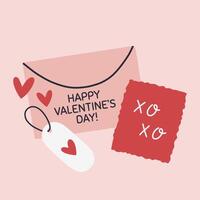 Simple Valentines Day card with envelope. Flat heart hand drawn doodle. Simple, minimalistic, holiday card. vector