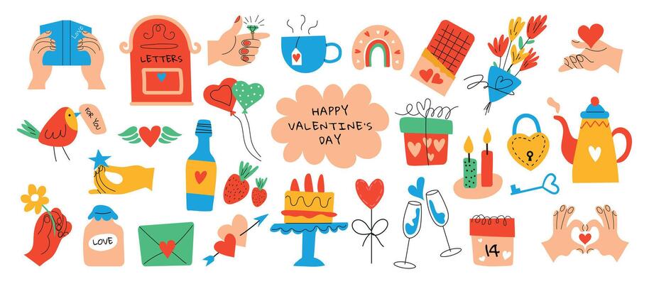 Valentine's Day elements set. Different romantic objects on a white background.Valentine's day, wedding and love concept.