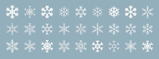 Snow Icons. Snowflake variations icon collection. Snowflakes white ice crystal on blue background. Winter symbol. Christmas logo sign. vector