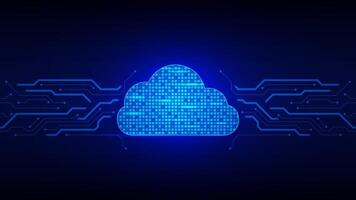Futuristic cloud computing technology system with circuit board on dark blue background. Online storage, web hosting and server vector