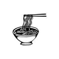 A black and white drawing of a bowl of noodles with chopsticks vector