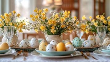 Festive easter table setting with daffodils and pastel-colored eggs creating a spring ambiance photo