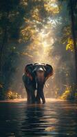 Majestic elephant cooling down in a river at sunset in the jungle photo