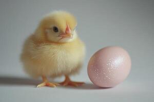 Small yellow chick standing next to a glittery pink easter egg photo