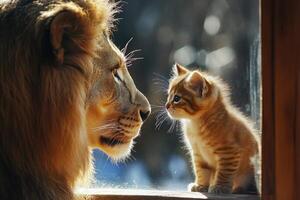 Majestic lion meeting a small kitten by the window photo