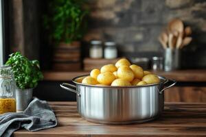 Steaming hot baby potatoes with thyme in a stainless steel pot on a kitchen countertop photo