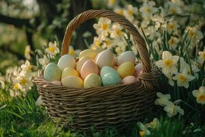 Easter eggs and daffodils celebrating the arrival of spring in a wicker basket photo