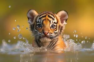 Cute tiger cub swimming and splashing in water with blurred background photo