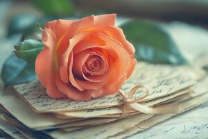 Peach rose resting on stack of vintage letters tied with ribbon photo