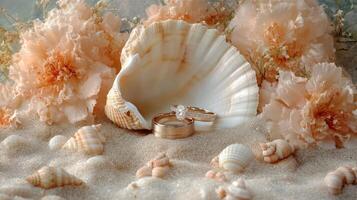 Wedding rings resting in a seashell on the beach with flowers and small shells surrounding photo