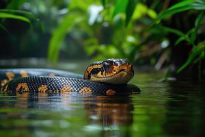 Anaconda snake swimming in the amazon river with rainforest background photo
