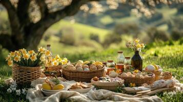 Easter picnic celebrating spring with baskets, eggs, and daffodils in nature photo