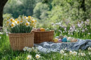 Easter eggs and daffodils in wicker baskets celebrating spring in a beautiful garden photo