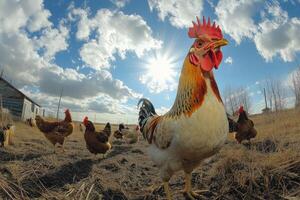 Rooster and chickens enjoying sunny day on farm photo