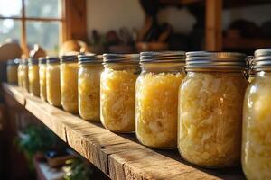 Preserving fresh vegetables, glass jars filled with napa cabbage on wooden shelf photo