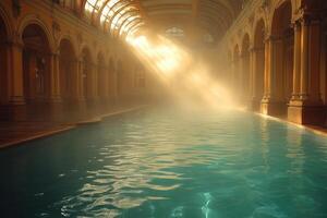 Sunlight illuminating indoor swimming pool with steam rising from water surface photo
