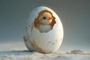 Baby chicken hatching from egg new life emerging on sand photo