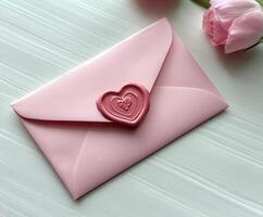 Pink envelope sealed with red heart representing love and affection on marble background photo