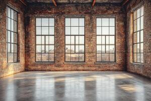 Empty industrial loft with large windows and city view showing sunlight and shadows photo