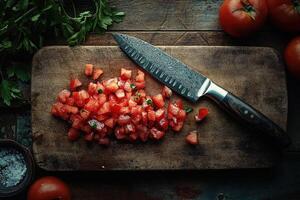 Chef chopping fresh tomatoes and parsley on wooden cutting board photo
