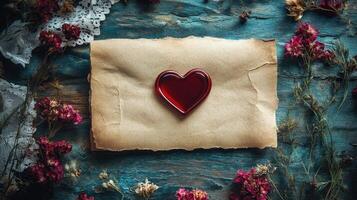Heart-shaped wax seal on old paper with dried flowers on rustic wooden table photo